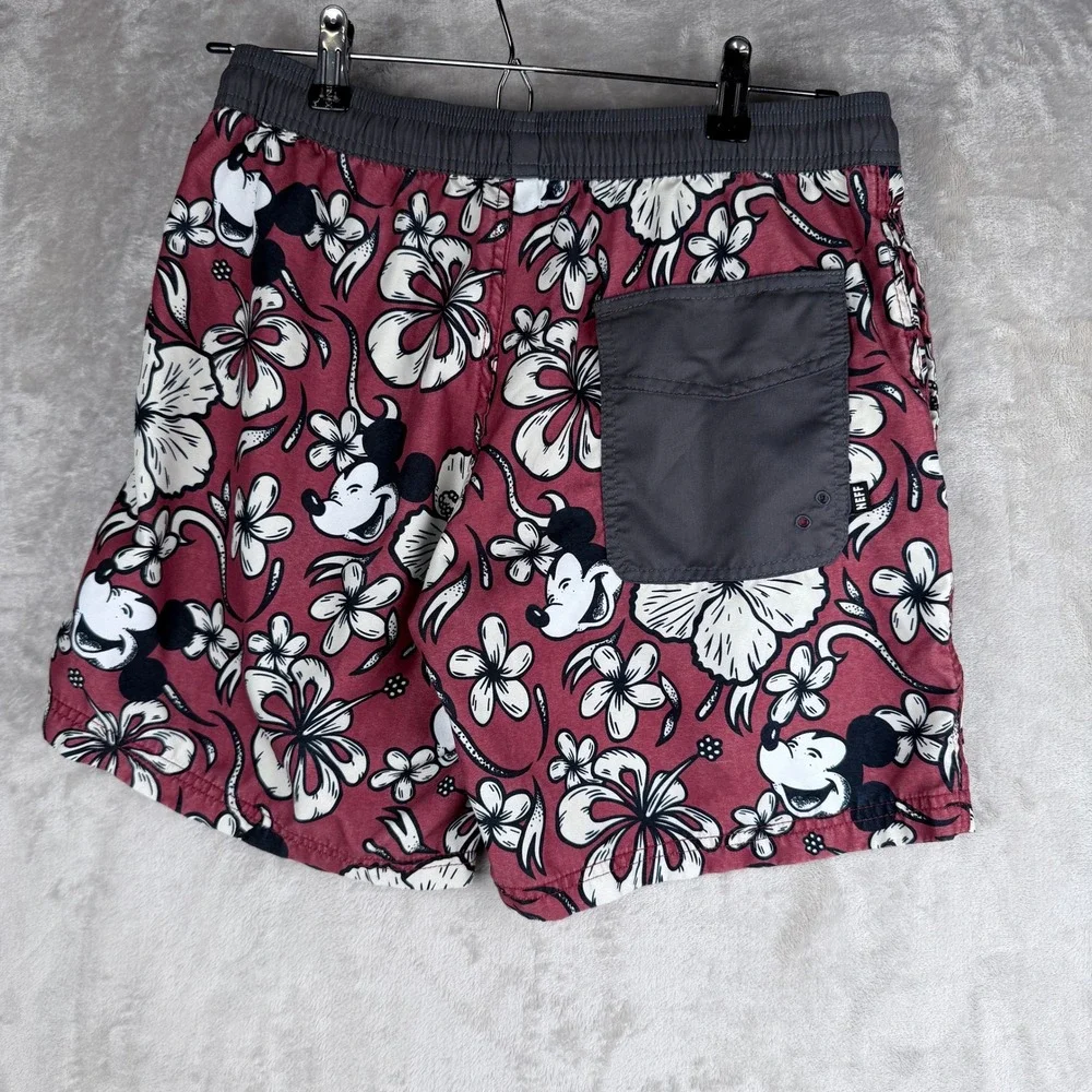 Neff Disney Mickey Mouse Swim Trunks‎ Mens Small Maroon Floral Hibiscus Shorts